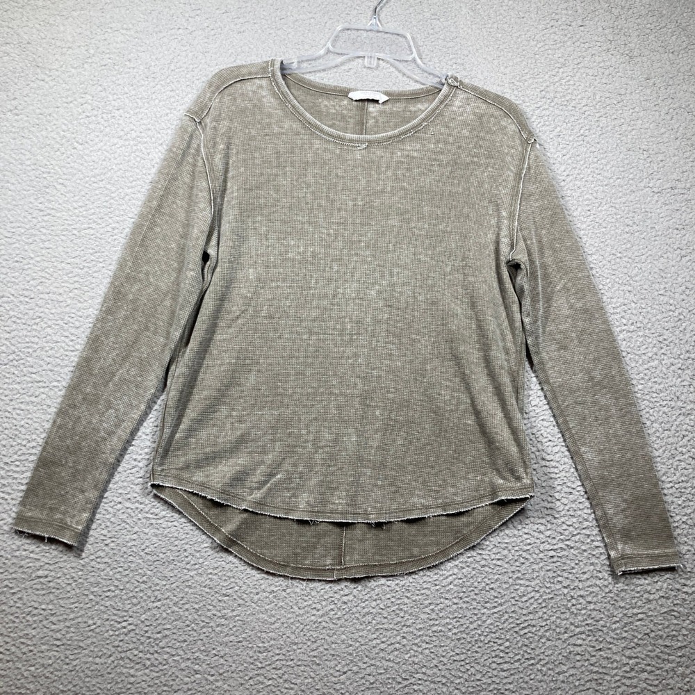 Lucky Brand Thermal Top‎ Womens Small Olive Brown Waffle Knit High Low Raw Hem